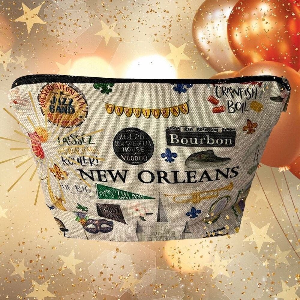 Chic New Orleans Themed Cosmetic Zipper Pouch Bag - Perfect for Travel and Mardi - Picture 3 of 5